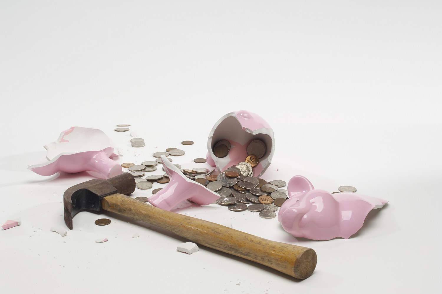 piggy bank broken with hammer