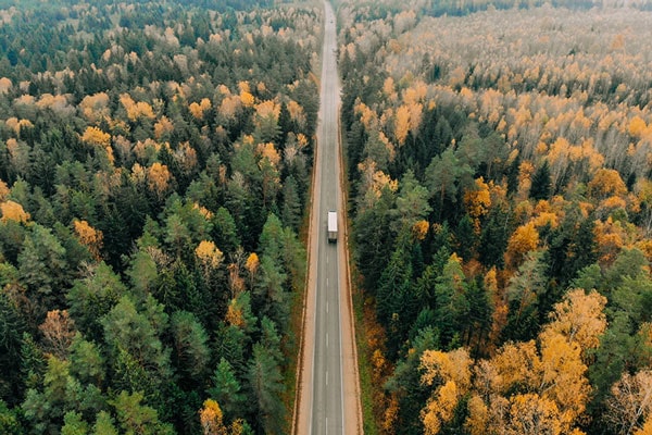 truck driving across forested lands