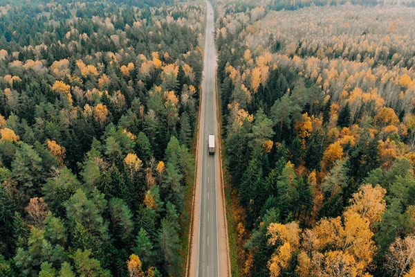 truck driving across forested lands