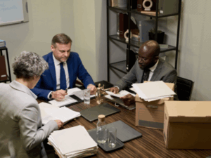 three attorneys pouring over discovery documents for a class action lawsuit