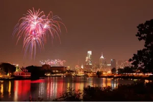 fireworks above the Philadelphia skyline in philadelphia pa