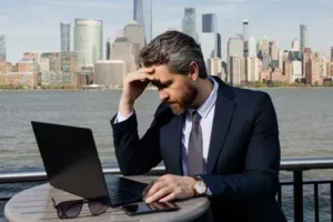attorney looking at laptop outside with skyline in background